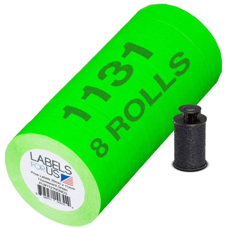 Labels for Us Labels for Monarch 1131 Labeler - Green - 20,000 Labels - Pack with 8 Rolls - Ink Roller Included - Made and Delivered by Labels for Us - Image 1